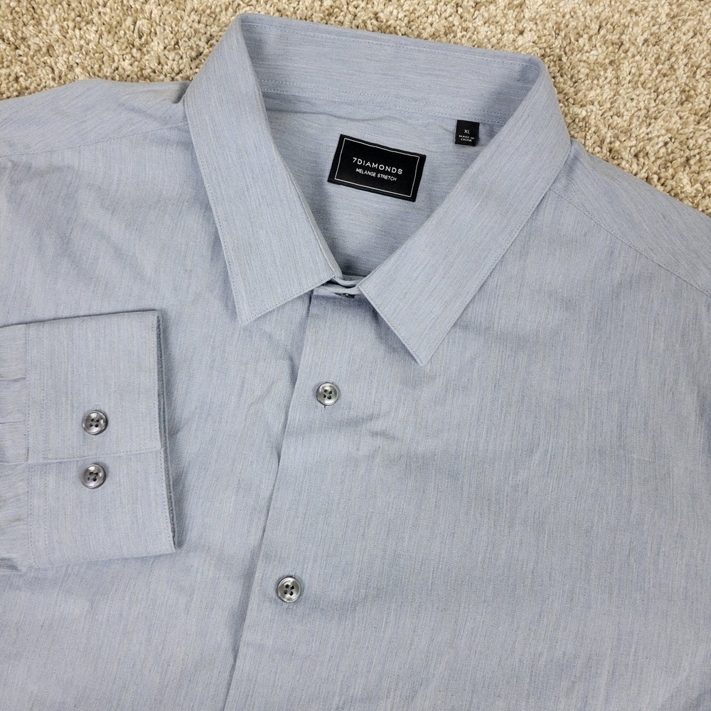 7 Diamonds Melange Stretch Mens XL Solid Blue Button Up Long Sleeve